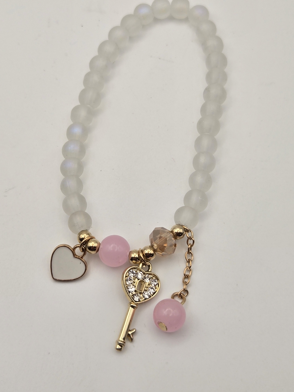 6mm Gold Key & Heart Charm Bracelet with Pink Accents - Women Jewelry - Picture 2 of 3